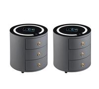 CLIPOP Juego de 2 mesitas de noche redondas con estación de carga inalámbrica y luz LED, mesa auxiliar inteligente, de piel sintética, con 3 cajones y placa de cristal templado, gris