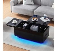 CLIPOP Mesa de centro de alto brillo, mesa de salón regulable en altura, con iluminación LED, colores de luz ajustables, enchufe y USB, mesa auxiliar con compartimento de almacenamiento oculto, color