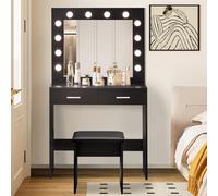 CLIPOP Tocador de Mesa de maquilhagem com lâmpadas LED e espelho, toucador com 2 gavetas e Banco, Mesa de maquilhagem Negro para Meninas e Mulheres