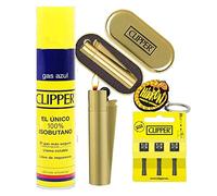 Clipper 1 Encendedor Mechero Clásico Largo Metal Gold Oro Dorado + 1 Llavero+1gas+1 Pack de 3Piedra de Ignición Flint (Oro Kit)