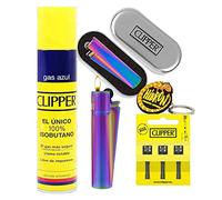 Clipper 1 Encendedor Mechero Clásico Largo Metal Icy Colours Colors 2 Multicolor Arcoiris + 1 Llavero+1gas+1 Pack de 3Piedra de Ignición Flint (Icy Kit)