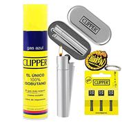 Clipper 1 Encendedor Mechero Clásico Largo Metal Plateado Brillo y Mate + 1 Llavero+1gas+1 Pack de 3Piedra de Ignición Flint (Plateado Kit)