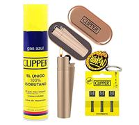 Clipper 1 Encendedor Mechero Clásico Largo Metal Rose Gold Brillo Mate + 1 Llavero+1gas+1 Pack de 3Piedra de Ignición Flint