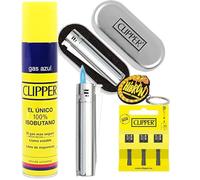 Clipper 1 Encendedor Mechero Jet Clásico Largo Plateado Brillo o Mate(Color Aleatorio) + 1 Llavero HIBRON+1clipper Gas +1Pack de 3 Piedras de ignición. (Jet Kit)