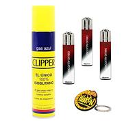 Clipper 3 Mecheros + 1 Botella Gas Azul 300 ml + 1 Llavero, Gas Sirve para Recargar Soplete de Cocina