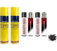 Clipper 4 Mecheros + 2 Botella Gas Azul 300 ml Gas Sirve para Recargar Soplete de Cocina + 9 Piedras de Mechero de Regalo Kit DISPAU Esencial