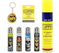 Clipper 4 Mecheros Encendedores Diversos Surtidos Bonitos,1 Carga Gas Encendedor Clipper 300 Ml,9uds De Piedra Y 1 Llavero Hibron 1-10003-3