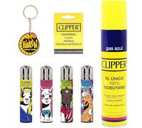 Clipper 4 Mecheros Encendedores Diversos Surtidos Bonitos Baratos,1 Carga Gas Encendedor Clipper 300 Ml,9uds De Piedra Clipper Y 1 Llavero Hibron Gratis 1-10003-14