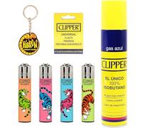 Clipper 4 Mecheros Encendedores Diversos Surtidos Bonitos Baratos,1 Carga Gas Encendedor Clipper 300 Ml,9uds De Piedra Clipper Y 1 Llavero Hibron Gratis 1-10003-11
