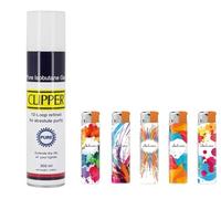 Clipper Gas Encendedor - 300ml - Pure Isobutano mas 5 Mecheros Electronicos Recargables y Ajustables de Llama de Varios Dibujos al Azar de Regalo Juego Exclusivo para DISPAU.