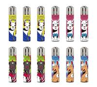 Clipper Pack 12 Mecheros Reutilizables Coleccion Original Que Llama Recargable, Piedra de Encendido Sustituible, 4 Dibujos Diferentes (N)
