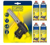 Clipper - Soplete Multiusos + Cartucho de 400ml de Gas Universal (4 uds) | Válvula GLP250 | Ideal para Flamear, Caramelizar y usar en Barbacoas | Cocina & Acampada