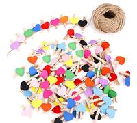 Clips de Fotos de 100 Piezas Mini Pinzas de Madera Fotográfico Clavijas en Forma de Corazón Craft Clips con 30m Cordel de Yute para Foto Titular de Tarjeta de decoración y Bricolaje Artesanal