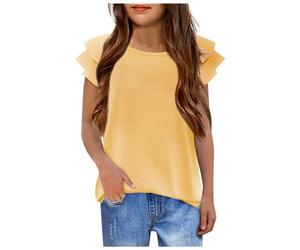 Clips para vestidos para niña, manga ondulada, verano, cuello redondo, manga corta, blusas, casual, moda, monocolor, camiseta para niñas Tee G, amarillo, 11-12 años