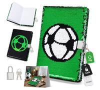 CLISPEED Diario de lentejuelas de fútbol: cuaderno reversible con patrón fútbol para niños, cuaderno notas con páginas rayadas, diario secreto cerradura y llave