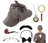 CLIUNT 7pcs Accesorios para Disfraz de Detective, Accesorios para Disfraz de Sherlock Holmes, Kits de vestido de fantasía con sombrero de detective, pajarita detectives, lupa, para Carnaval, Cosplay