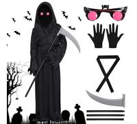 CLIUNT Conjunto de disfraces de muerte, Disfraz de Grim Reaper, con hoces, guantes, lentes brillantes, para cosplay, decoración de Halloween, fiesta temática de carnaval, L (10-12 años)