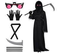 CLIUNT Disfraz de Grim Reaper para niño, 6PCS Disfraz la Muerte Niño, Conjunto de disfraces de muerte, con hoces, guantes, lentes, para cosplay, decoración de Halloween, XL (12-14 años)
