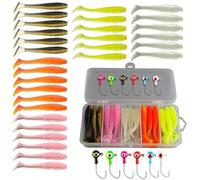 CLKE Kit de 37 señuelos de pesca y anzuelos, cebos reutilizables de plástico suave con 6 cabezales de plantilla y caja de almacenamiento, equipo de pesca de agua dulce y salada para lubina, trucha