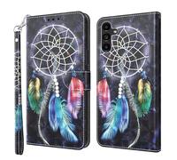 CLM-Tech Funda Compatible con Samsung Galaxy A17 5G / A26 5G - Carcasa PU Cuero con Función de Soporte y Ranuras para Tarjetas - Capa Flip Case Atrapasueños Negro Multicolor