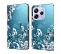 CLM-Tech Funda Compatible con Xiaomi Redmi Note 14 5G - Carcasa Cuero Sintético con Función de Soporte y Ranuras para Tarjetas - Capa Flip Case Flor de Ciruelo Azul