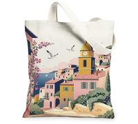 Clock Tower - Bolsa de lona para mujer, diseño de gaviotas costeras mediterráneas, casas, verano, pastel, melocotón, lavable, reutilizable, Aestheti, Melocotón Pastel, 13x15 Inch