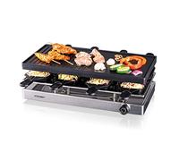 Cloer 6458 Raclette gril avec plaque en aluminium moulé sous pression, 8 poêlons à raclette antiadhésifs, spatule en plastique, emplacement de stationnement non chauffé, 1200 vatios, aluminium