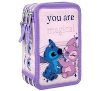 Clondo Estuche con 3 Compartimentos 3D para Niñas, para Stitch y Angel Fans, Triple Relleno, 44 Accesorios de Escuela, 3 Cremalleras, 20cm, Lápices de Colores, Rotuladores