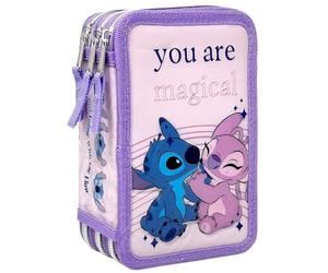 Clondo Estuche con 3 Compartimentos 3D para Niñas, para Stitch y Angel Fans, Triple Relleno, 44 Accesorios de Escuela, 3 Cremalleras, 20cm, Lápices de Colores, Rotuladores