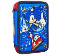 Clondo Estuche de 3 compartimentos completo, para Sonic Fan, 44 piezas incluidas, bolígrafos, lápices, rotuladores, ceras, tijeras - escuela primaria y regalo - gadget oficial para niño