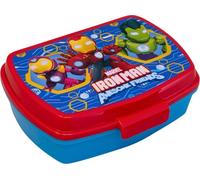 Clondo Fiambrera para niños de 3 a 8 años (17 x 14 cm) | Fiambrera de plástico sin BPA | Lunchbox porta aperitivos para guardería y escuela | Cierre a presión (Iron Man and Friends)