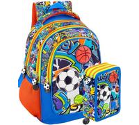 Clondo Mochila Escolar Ergonómica 33x43x15 cm con Estuche a juego 3 Compartimentos 45 Piezas - Pack Escolar Completo - Julian Ross - Para Escuela Primaria y Regalo para Niños, 33x43x15 cm