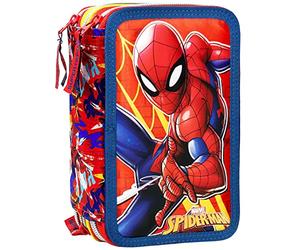 Clondo Plumier Triple Escolar 44 Piezas - para Spiderman Fan - con Bolígrafos, Lápices de Colores, Rotuladores, Tijeras - Rojo - para Niños - Regalo o Colegio - Superhéroes