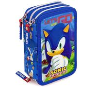 Clondo Plumier Triple Escolar 45 Piezas - para Sonic Fan - con Bolígrafos Borrables, Lápices de Colores 4.0 mm, Rotuladores, Tijeras, Pegamento - para Niños - Regalo o Colegio