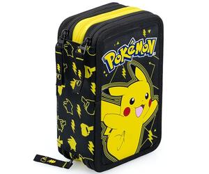 Clondo Plumier Triple para Fans de Pokémon - 45 Piezas: Bolígrafos Gel borrables, lápices, rotuladores, Tijeras, Pegamento y más - Estuche Escolar Completo Ideal para Primaria y Regalo