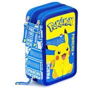 Clondo Estuche Triple Relleno para Niños y Niñas, para Pokemon Fan, 45 Accesorios Escolares, Plumier 3 Cierres, Compartimentos Organizados, Lápices de Colores, Marcadores, Pegamento, Tijeras, Azul