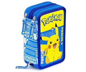 Clondo Plumier Triple, para Fans de Pokémon - 45 Piezas: bolígrafos Gel, lápices, rotuladores, Tijeras, Pegamento y más - Estuche Escolar Completo Ideal para Primaria y Regalo, Azul