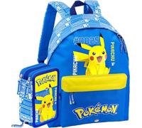 Clondo Schoolpack - Mochila con estuche con 3 compartimentos, para la escuela y el tiempo libre, para niños y jóvenes, con cremallera, rotuladores, ceras, accesorios, para niño, niña, Poke Blue, Large