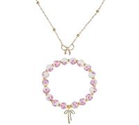 CLOORDE Juego de collar y pulsera con lazo para mujer, delicado collar con colgante de lazo dorado, pulsera elástica con cuentas de flores rosas, romántica, accesorios de joyería curativa, regalo para