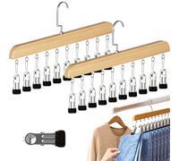 Closet Organizer with 10 Clips - Space Saving Hanging Closet Organizer, Legging Organizer for Closet Hanging, 360° Rotating Metal Clips Hangers for Hat Sock Jeans Clothes (Wood*2pcs)