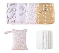Cloth Baby Diapers, Reusable Adjustable Diaper Set, Waterproof Cover 4X Absorbent Breathable Liners Includes 4 Inserts and 1 Wet Bag for Toddler Boys and Girls Eco-Friendly Baby Care