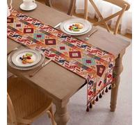 Clothfuna Camino de mesa bohemio jacquard, camino de mesa vintage bohemio, camino de mesa de mezcla de algodón tejido con borlas para mesa de comedor, fiesta, vacaciones, al aire libre (geométrico2,