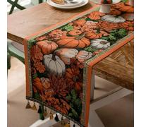 Clothfuna Camino de mesa de calabaza de Halloween, camino de mesa de comedor naranja otoñal con borlas para decoración festiva de cocina, mesa de centro, aparador, cómoda, fiesta, 35 x 140 cm