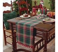 Clothfuna Camino de mesa de Navidad de tartán, camino de mesa a cuadros verdes para mesa de comedor, mantel de Navidad con borlas de bola roja para festivales, fiestas, bodas, decoración del hogar, 33