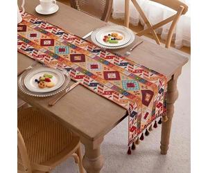 Clothfuna Camino de mesa geométrico de jacquard, estilo vintage bohemio, naranja otoñal estilo marroquí con borlas para mesa de comedor, fiesta, vacaciones, exterior, 33x160 cm / 13x63 pulgadas