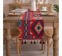 Clothfuna Camino de mesa geométrico jacquard, camino de mesa vintage bohemio, mezcla de algodón rojo y azul con borlas para mesa de comedor, fiesta, vacaciones, al aire libre, 33 x 220 cm