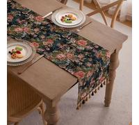 Clothfuna Camino de Mesa Jacquard, Camino de Mesa Floral Vintage para Comedor, Patrón de Rosas Negras y Rosas con Borlas para Mesa de Café, Fiesta, Vacaciones, Exterior, 33x220 cm / 13x87 pulg