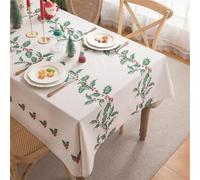 Clothfuna Mantel rectangular de Navidad, mantel de Navidad con ramas de hojas de acebo, mantel de lino y algodón blanco, para fiestas, vacaciones, mesa de comedor, 140 x 200 cm