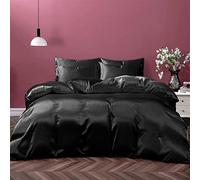 Cloud Fino Juego de ropa de cama de satén de seda, tamaño matrimonial, bolsillo profundo, color negro, 4 piezas, incluye sábana bajera y funda de edredón