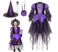 Cloudkids Brillante Niña Halloween Disfraz de Bruja Infantil Cosplay Carnaval Show (10-12 años)